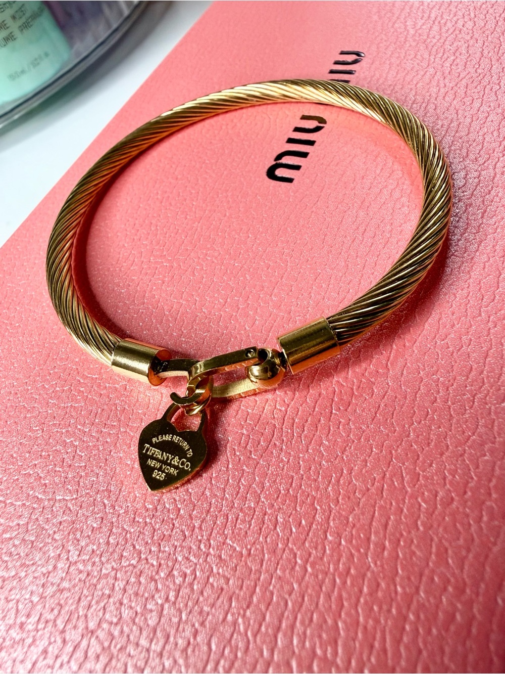 Stainless Steel Gold-Tone Twisted Cable Bracelet with Heart Tag